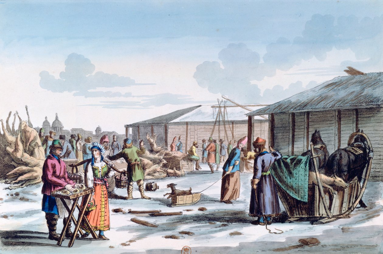 Mercado de carne durante o inverno, Rússia, 1821 de AC Houbigaot