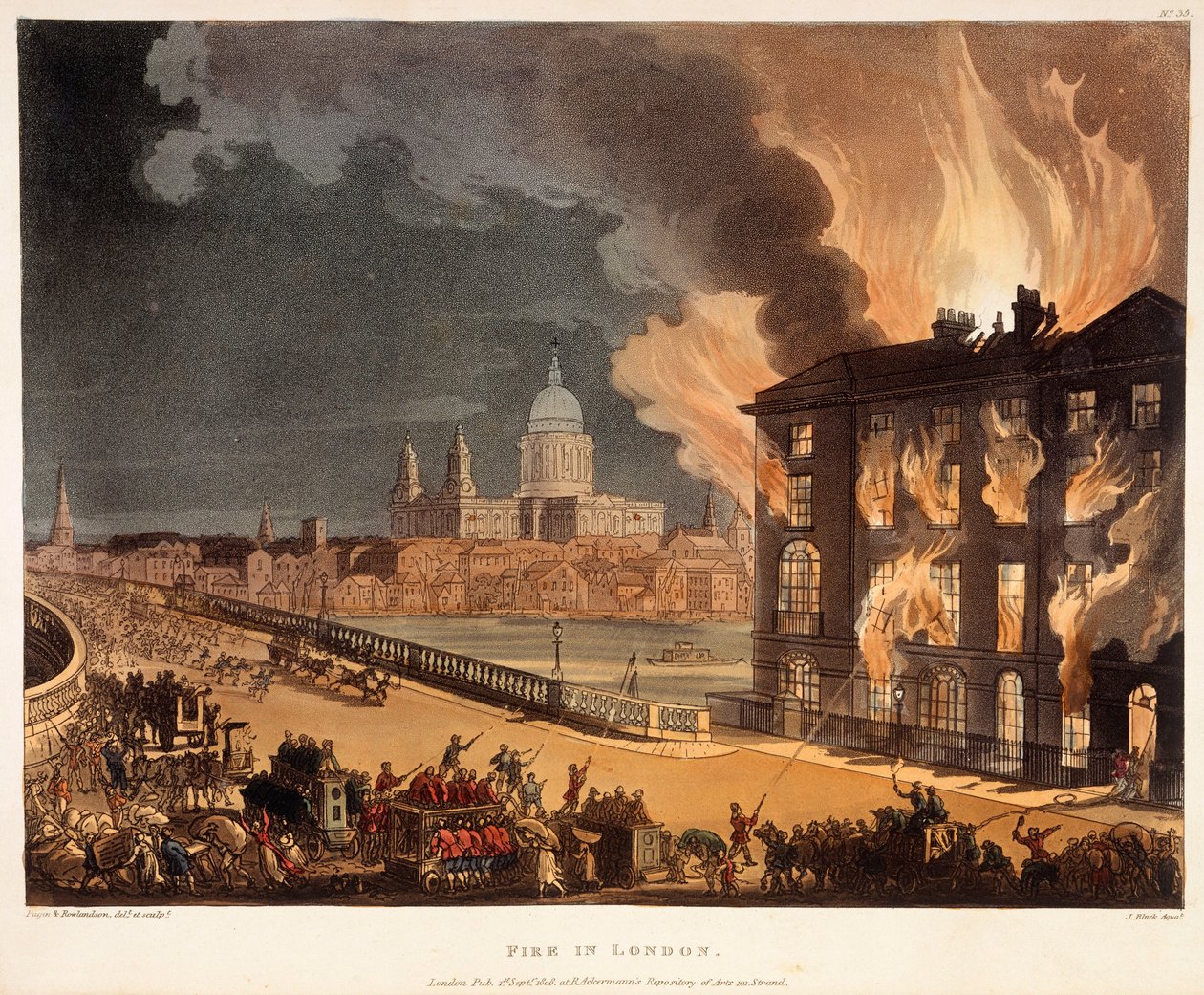 Fogo em Londres de A.C., Rowlandson, Pugin