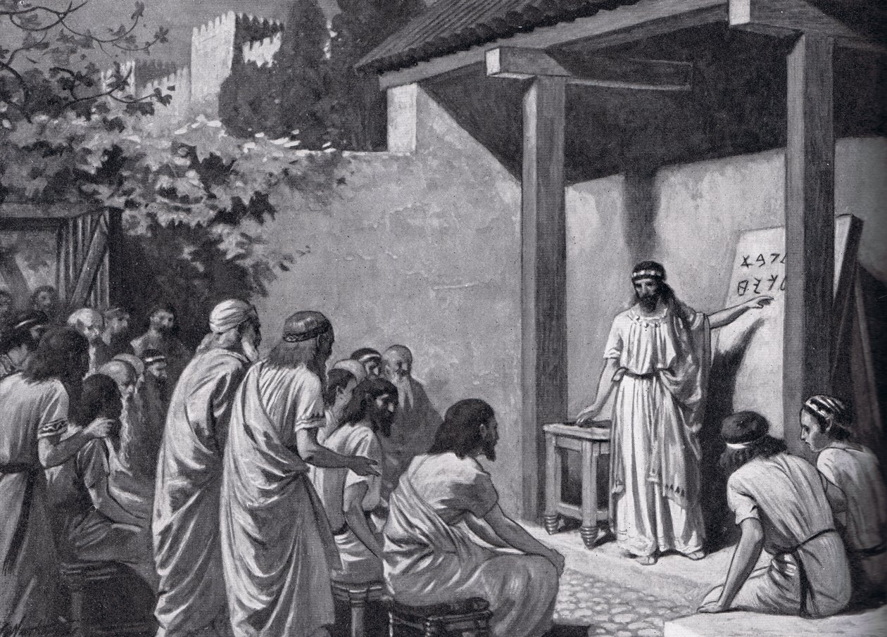 Cadmus dá aos gregos um artista do alfabeto, ilustração da "História das Nações de Hutchinson", 1915 de A.C. Weatherstone