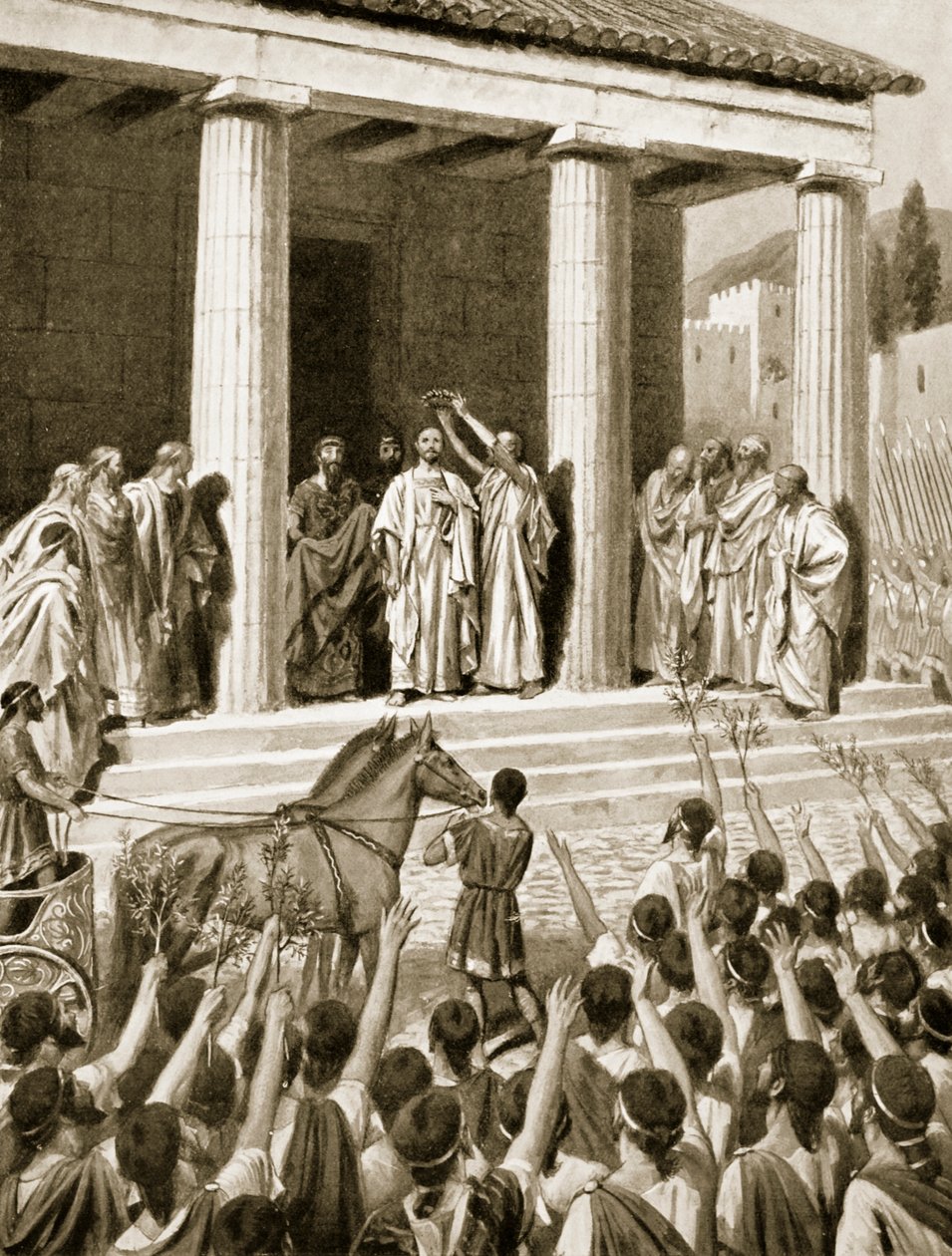 Temístocles homenageado em Esparta, ilustração da "História das Nações de Hutchinson", 1915 de A.C. Weatherstone
