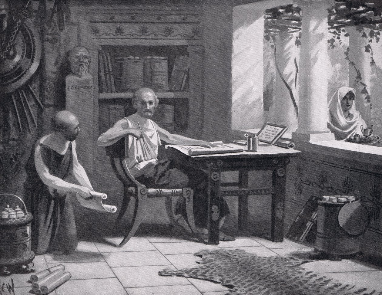 Xenofonte ditando sua história, ilustração da &39;História das Nações&39; de Hutchinson, 1915 de A.C. Weatherstone