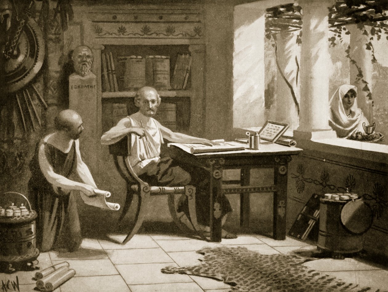 Xenofonte ditando sua história, ilustração da &39;História das Nações&39; de Hutchinson, 1915 de A.C. Weatherstone