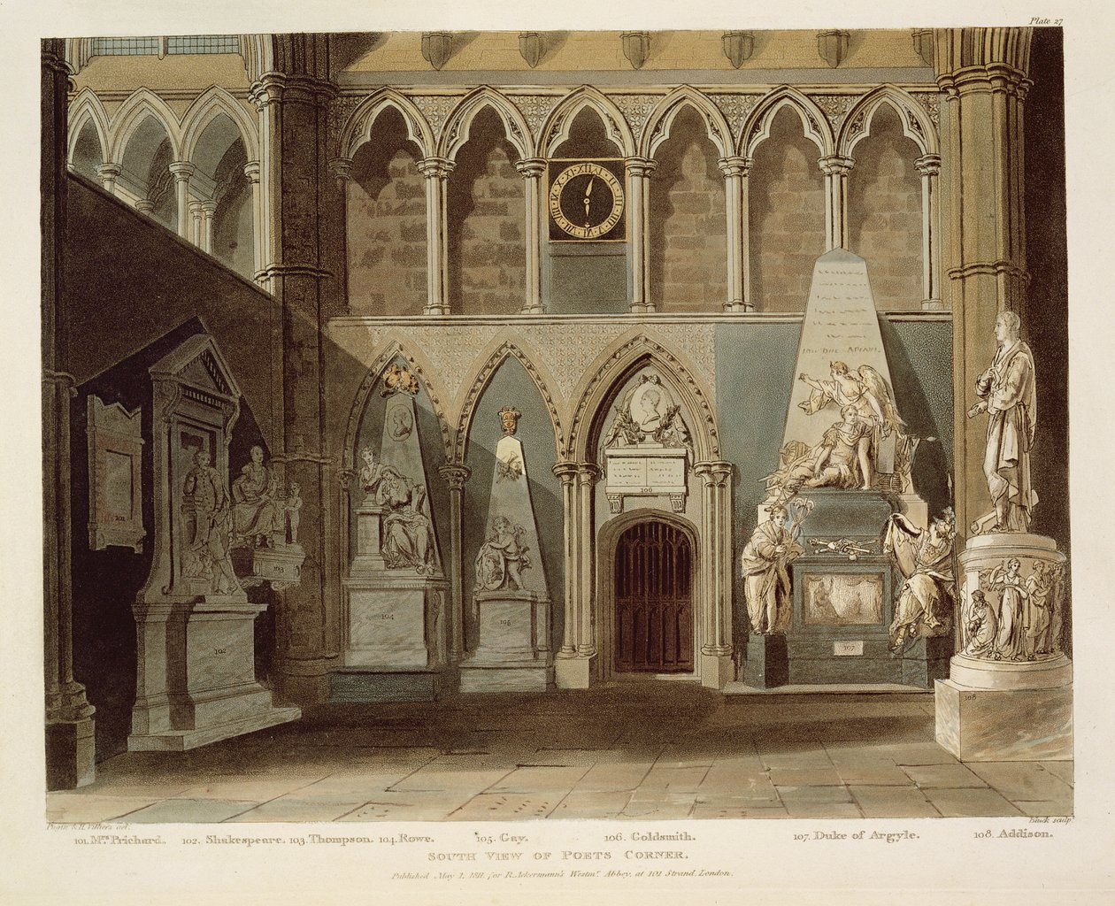 Vista sul do canto do poeta, placa 27 de "Abadia de Westminster", gravada por J. Bluck (fl.1791-1831) pub. por Rudolph Ackermann (1764-1834) 1811 (aquatinta) de A.C. and Villiers, H. Pugin