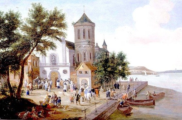 Paisagem costeira com figuras na praça de uma igreja de A.F. and Bouts P. Boudewyns
