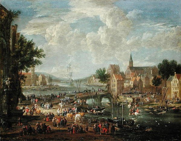 Townsfolk na beira do rio de A.F. and Bouts, P. Boudewyns