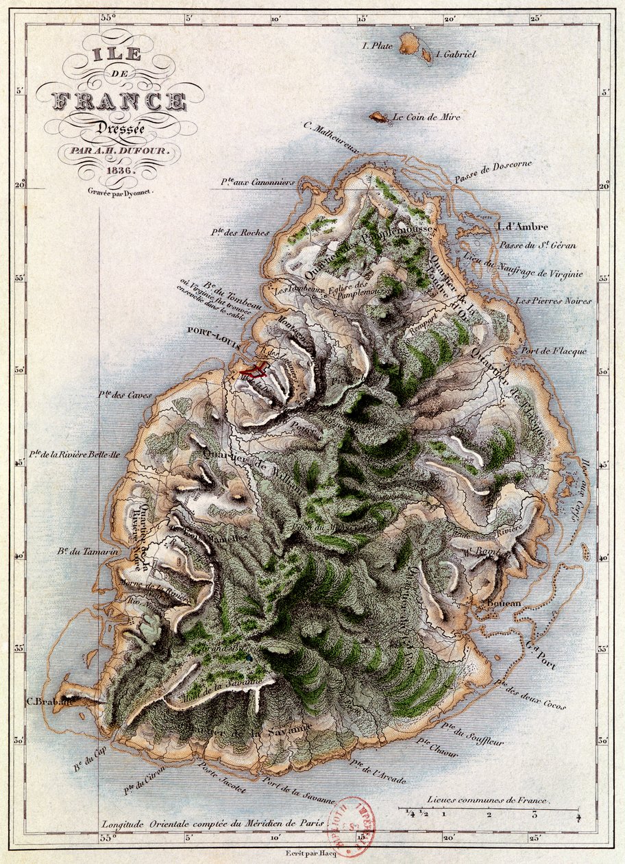 Mapa de Maurício, ilustração de &39;Paul et Virginie&39; por Henri Bernardin de Saint-Pierre (1737-1814) gravado por Dyonnet, 1836 de A.H. Dufour