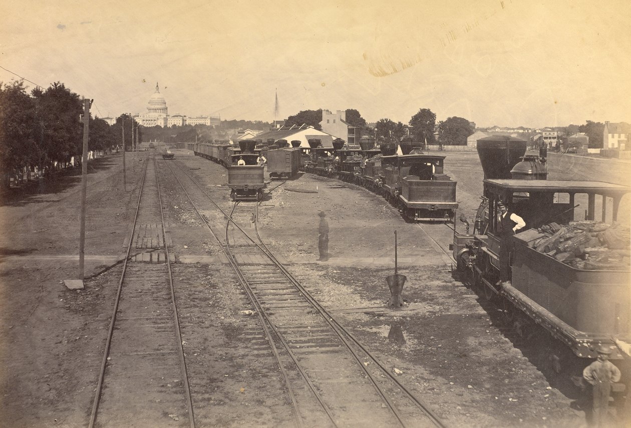 No. 189. Depósito da Maryland Avenue, Washington, D.C., com motores enviados de Alexandria por segurança. de A.J. Russell