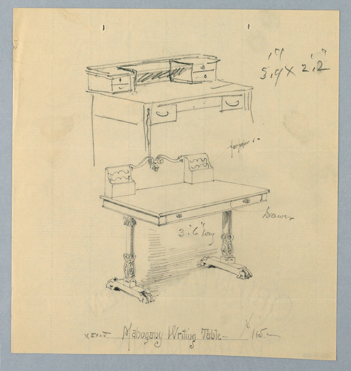 Design e esboço para "mesa de escrita de mogno" de A.N. Davenport Co.
