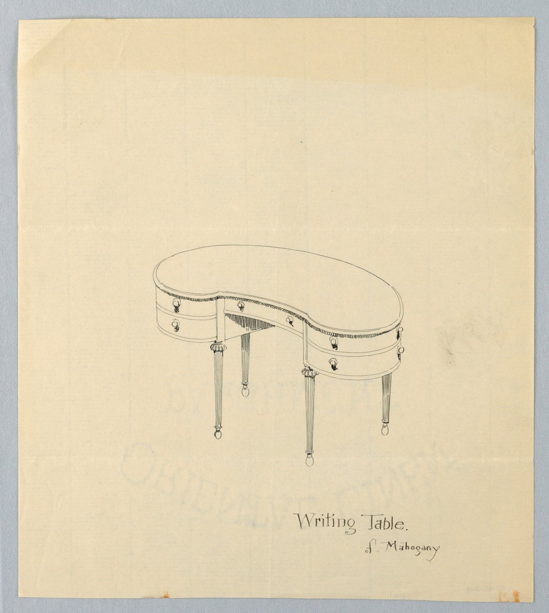 Design para mesa de escrita em forma de rim com pés em forma de pêra de A.N. Davenport Co.