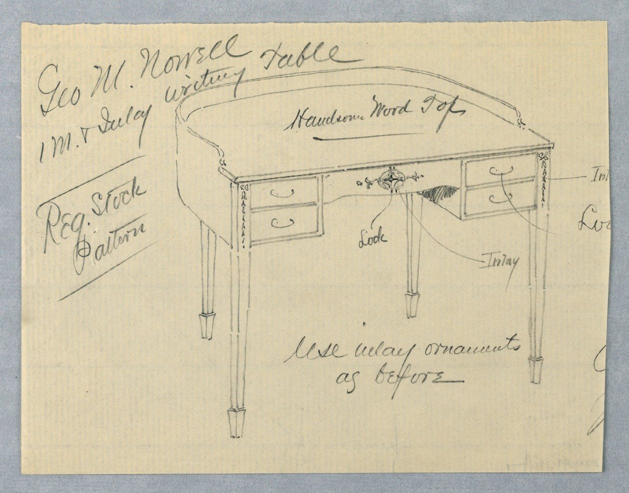 Design para mesa de escrita embutida de mogno para George M. Nowell de A.N. Davenport Co.