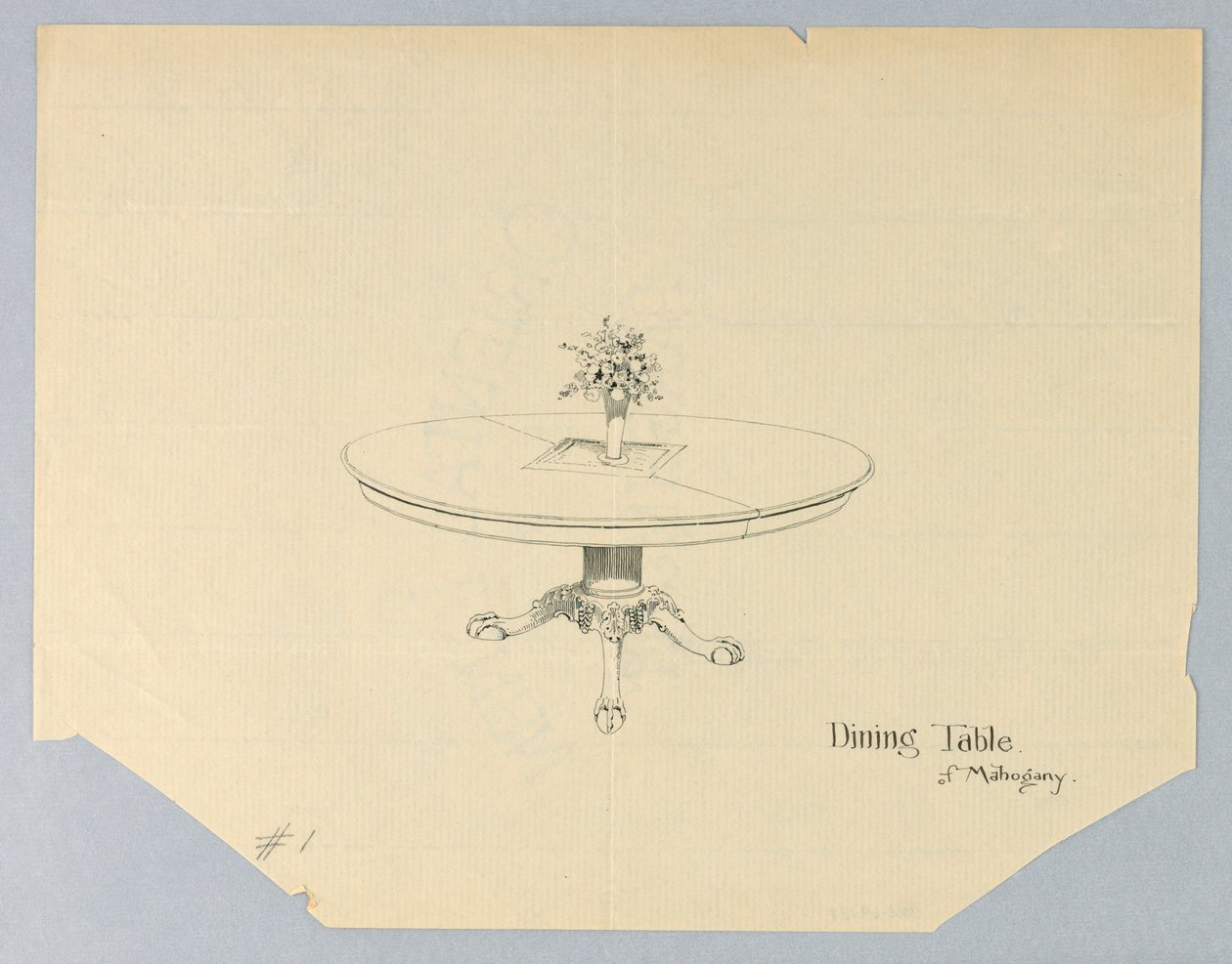 Projeto para uma mesa de jantar de mogno com um vaso de flores de A.N. Davenport Co.