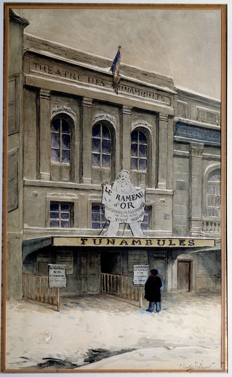 Vista do Theatre des Funambules no boulevard du Crime (boulevard du Temple em Paris). Aquarela de Adolphe (1828-1883) Paris. Museu Carnavalet de A.P. Martial