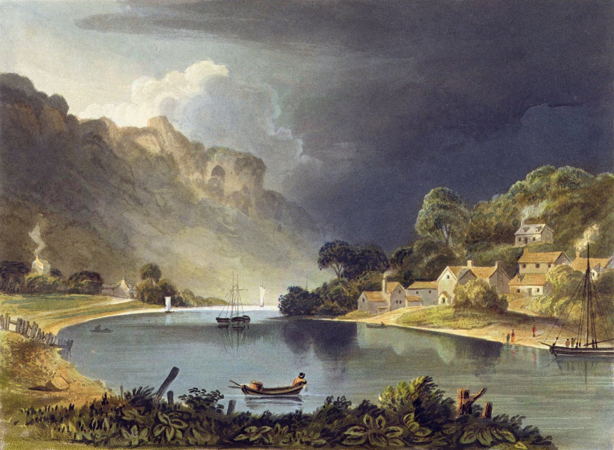 Vista rio abaixo no New Weir, prato 13 de &39;Descrição do Rio Wye&39;, gravado por Theodore Henry Fielding (1781-1851), 1818 (aquatinta colorido à mão) de A.V. Copley Fielding