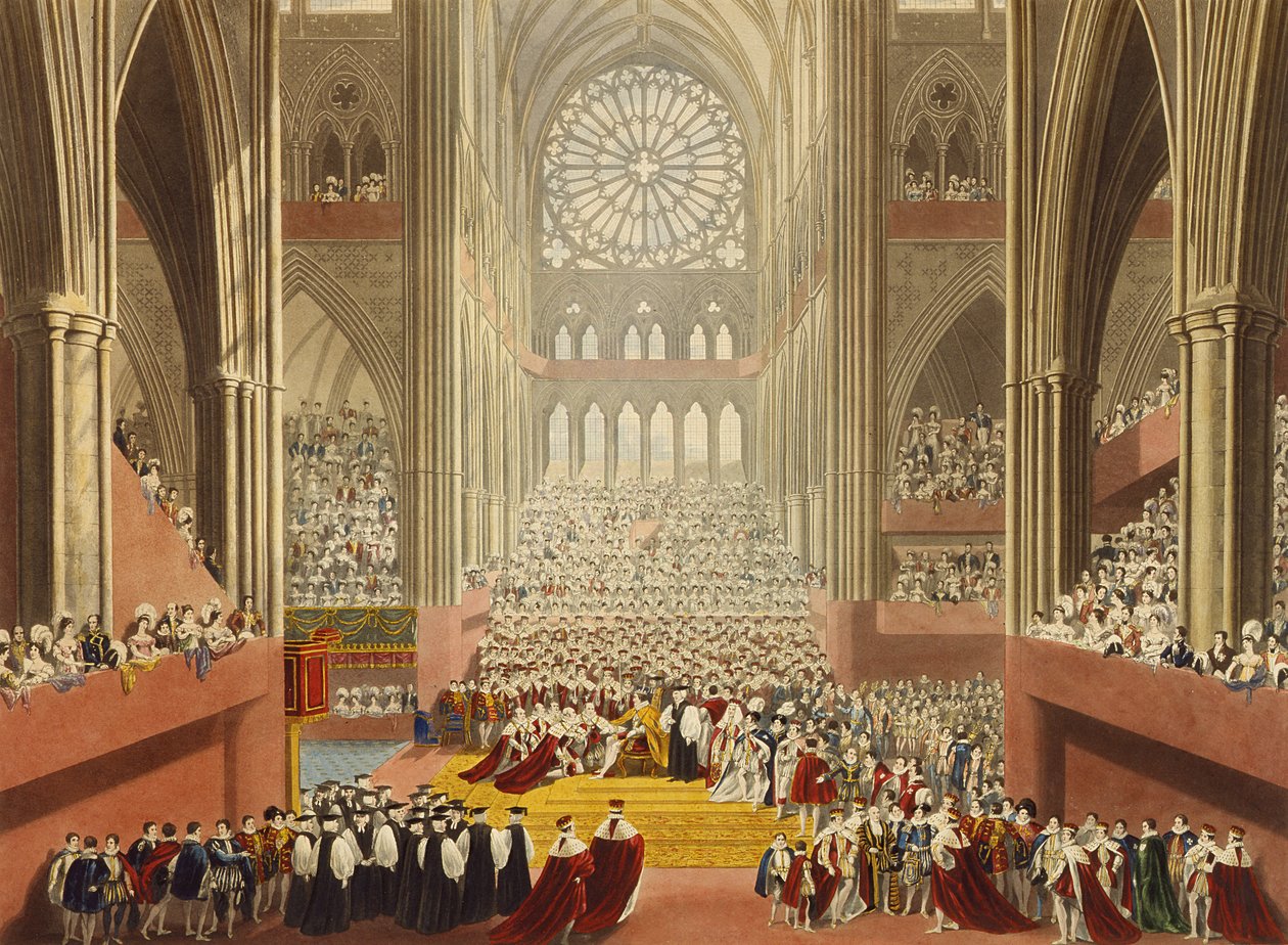 A Cerimônia da Homenagem, 19 de julho de 1821, de um álbum que celebra a Coroação do Rei George IV (1762-1830), gravado por William James Bennett (1787-1844), publicado em 1824 de A.W. and Stephanoff Pugin