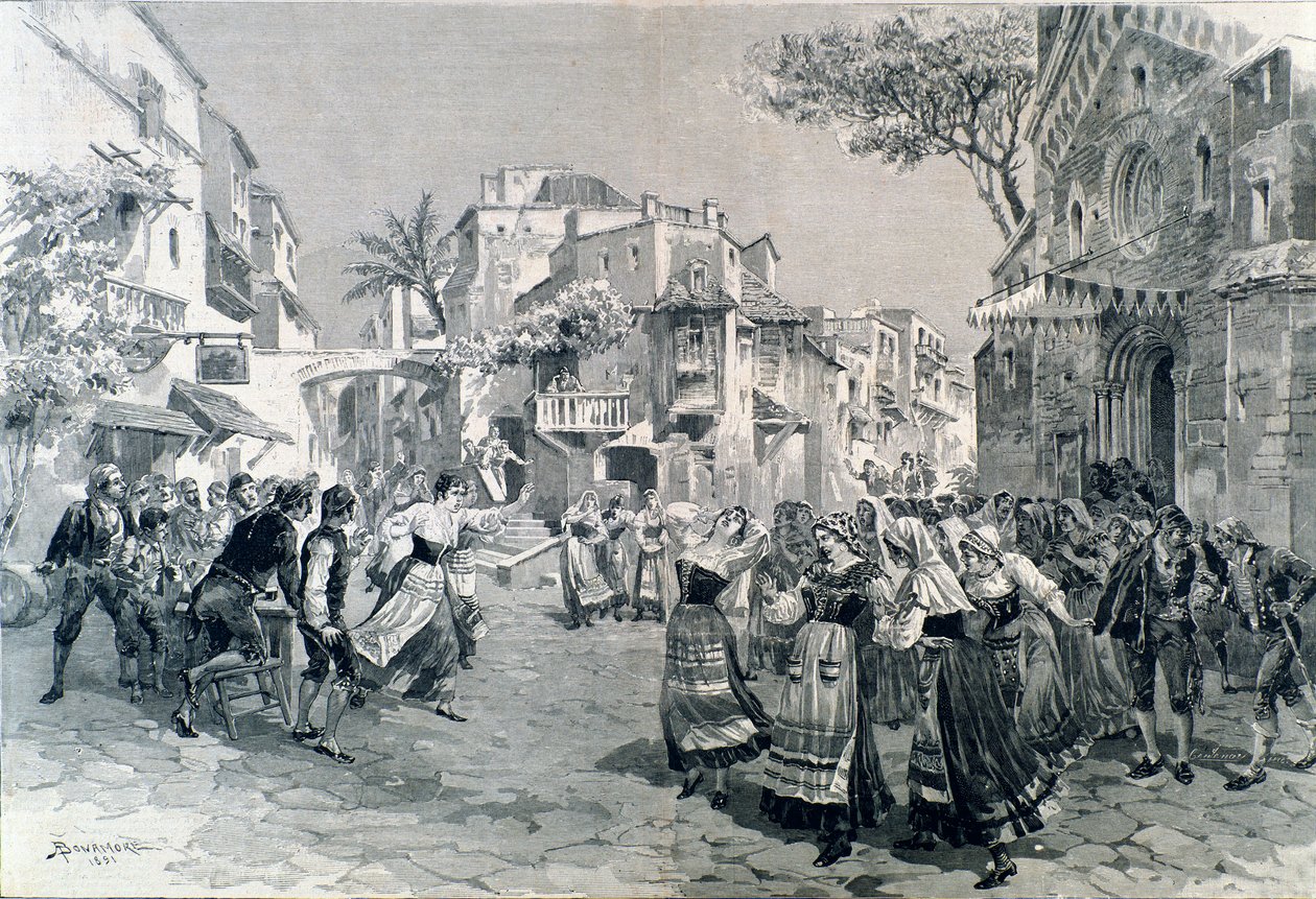 A cena final de Cavalleria rusticana, ópera de Mascagni, no teatro alla scala em 1891 de A. (after) Bonamore