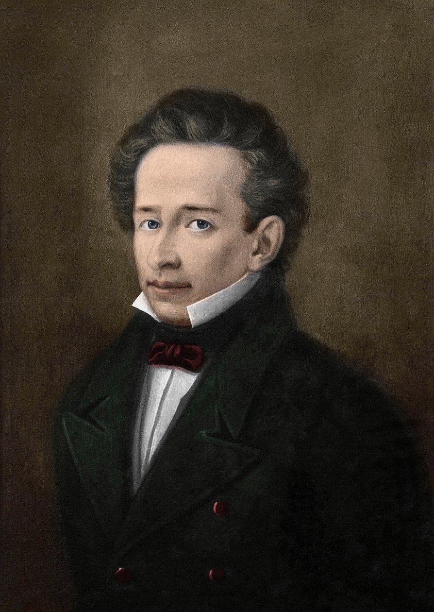 Retrato de Giacomo Leopardi (1798-1837) a partir do retrato de A. Ferrazzi - de A. (after) Ferrazzi