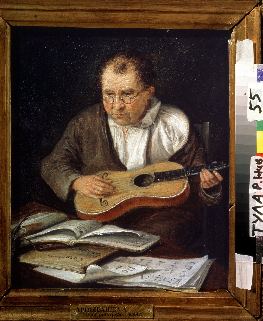 Guitarrista. Pintura por A. Artsybashev (século XIX). Óleo sobre tela, 30,5 x 26 cm de A. Artsybashev