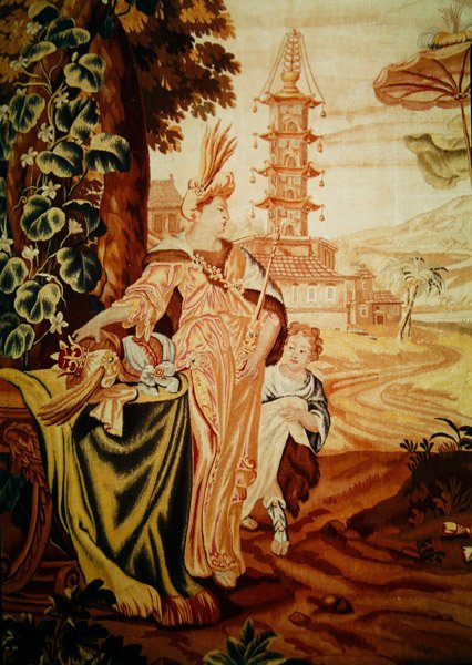 Ásia, de uma tapeçaria dos quatro cantos do mundo, detalhe das figuras à esquerda, em frente ao pagode (detalhe de 194760) de A. Baertams