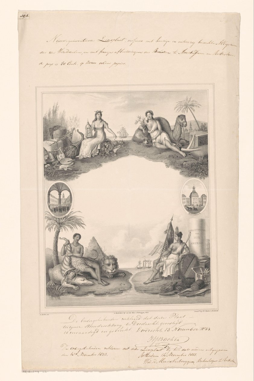 Design para uma página de título com personificações de quatro continentes de A. Bakker
