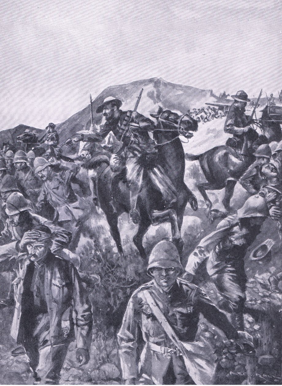 Os prisioneiros britânicos interpuseram-se como uma tela enquanto os Boers removeram uma arma naval, de depois de Pretoria: A guerra de guerrilha publicada por Harmsworth Bros Limited, 1901 de A. C. Ball