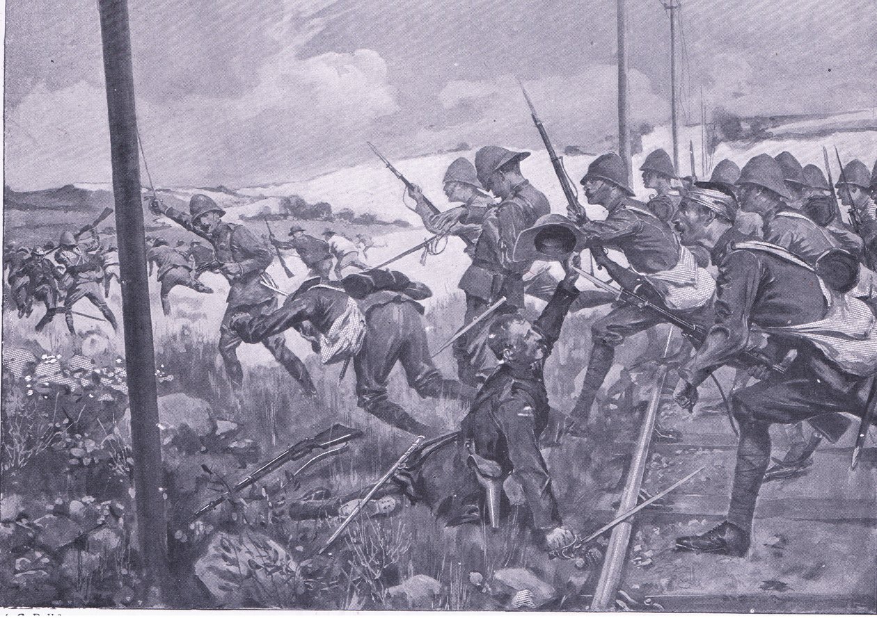 Carga dos fusiliers escoceses em Frederikstad, ilustração fromAfter Pretoria: The Guerilla War, 1902 de A. C. Ball