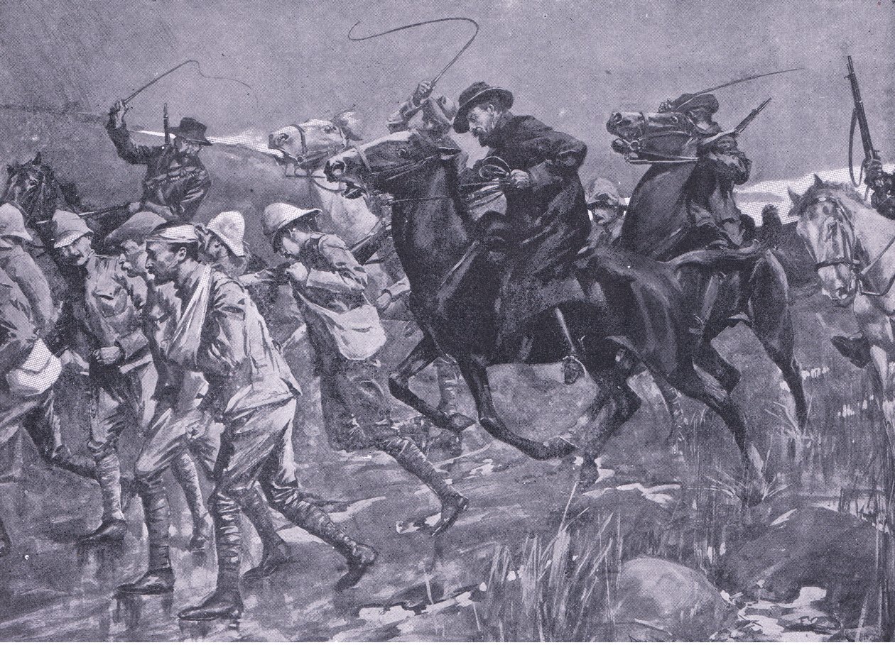 De Wets tratamento de prisioneiros de guerra britânicos em marcha, ilustração deApós Pretória: A guerra de guerrilha, 1902 de A. C. Ball