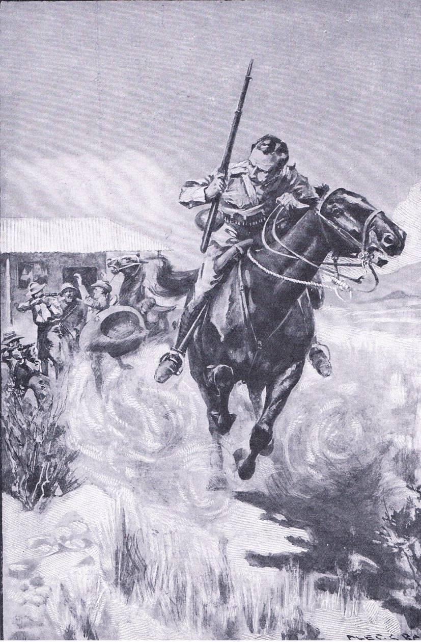 Escape of a scout, from After Pretoria: The Guerilla War publicado pela Harmsworth Bros Limited de A. C. Ball