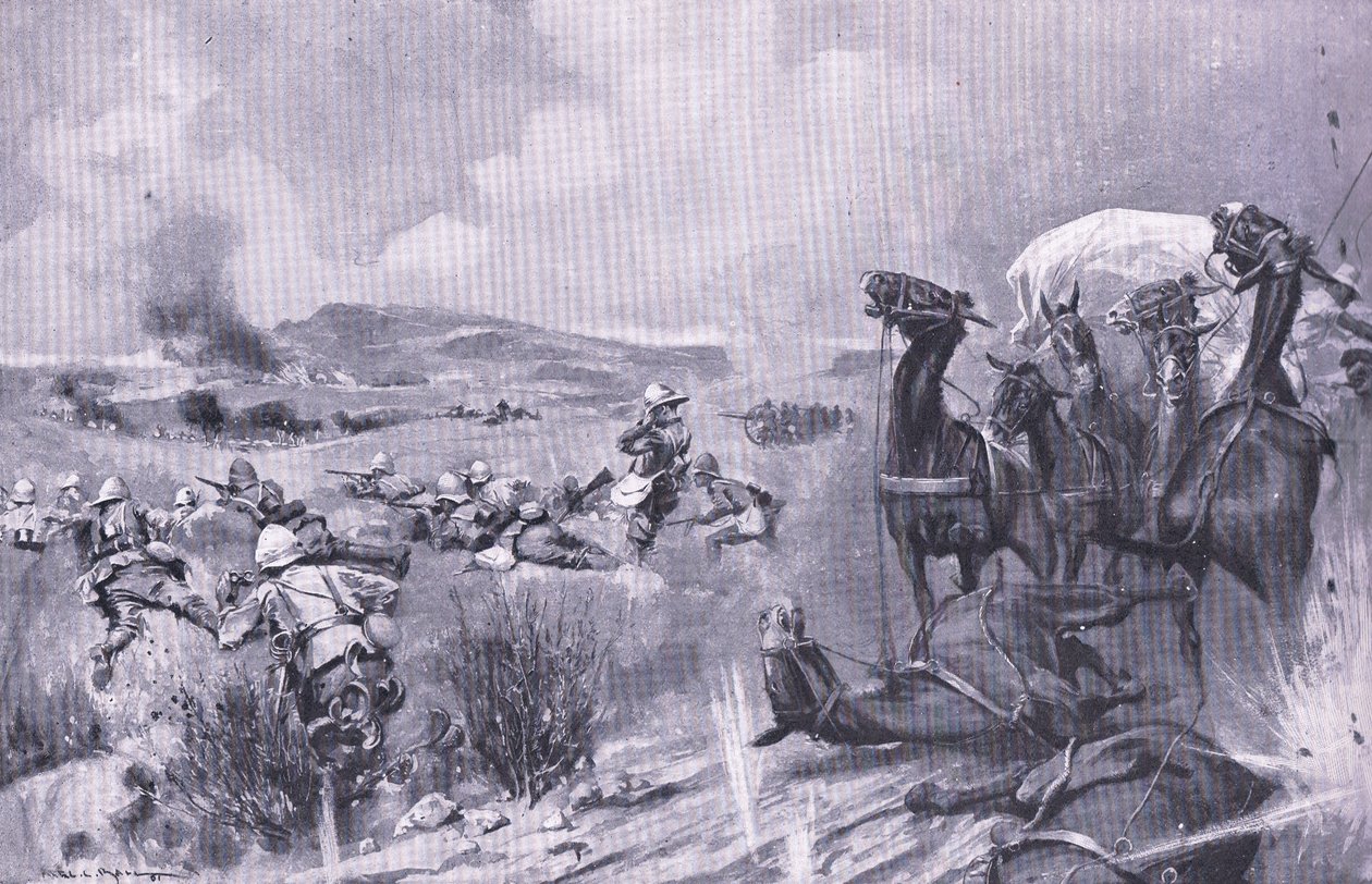 O ataque ao comboio em Buffelspoort, ilustração de After Pretoria: The Guerilla War, 1902 de A. C. Ball