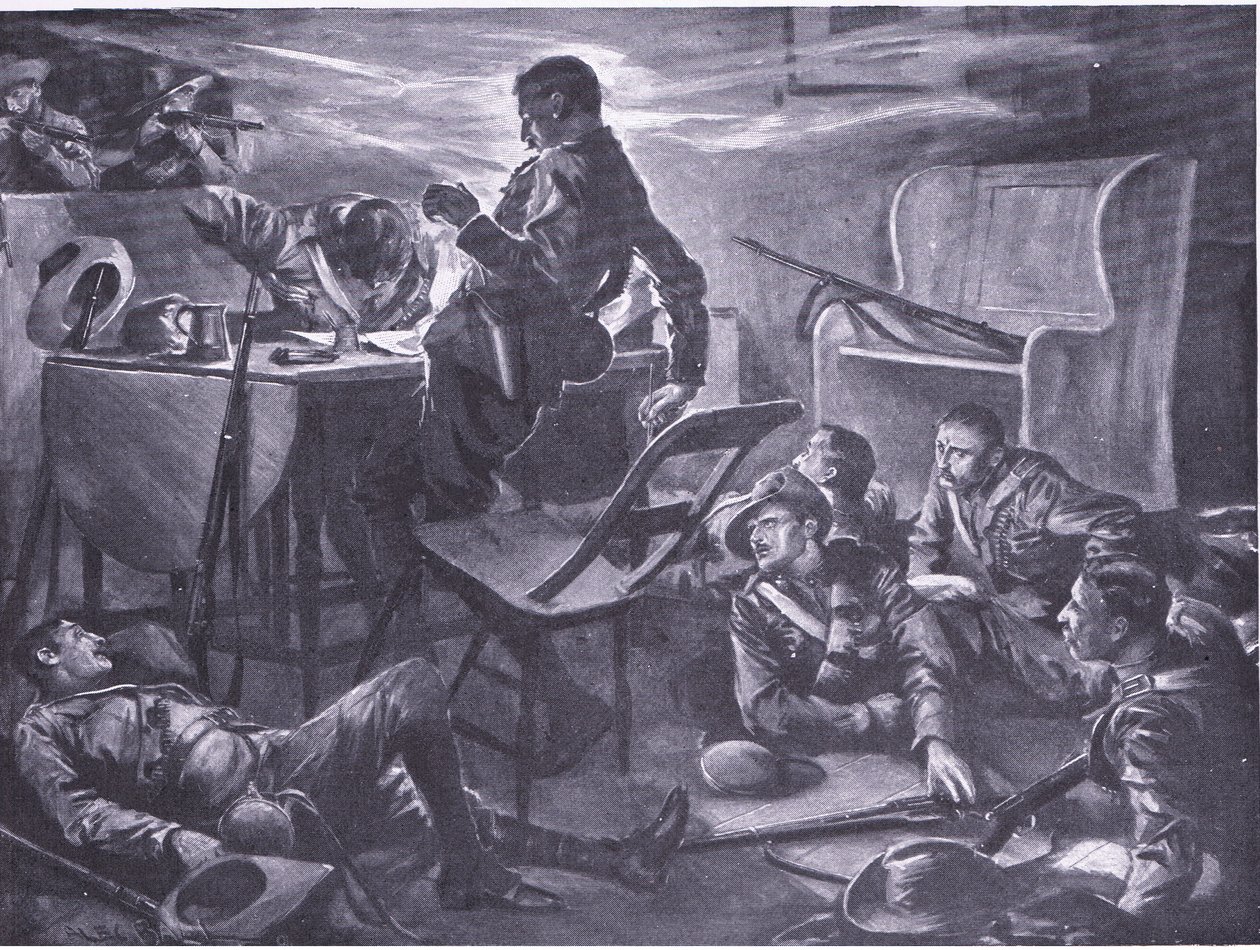A morte de dois homens de Comptons Horse enquanto escrevia cartas para casa, ilustração de After Pretoria: The Guerilla War, 1902 de A. C. Ball