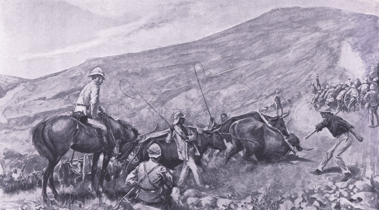 Dificuldades de transporte em Barberton: como as armas e vagões foram subiu as montanhas, ilustração de após Pretória: a guerra de guerrilha, 1902 de A. C. Ball