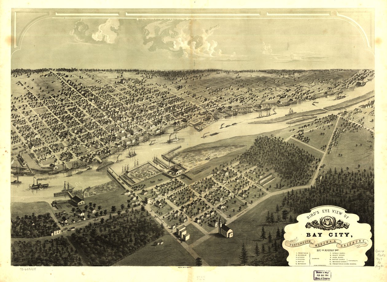 Vista aérea de Bay City, Portsmouth, Wenona e Salzburg, Bay Co., Michigan, 1867. LOC 73693424 de A.; Chicago Lithographing Co. Ruger