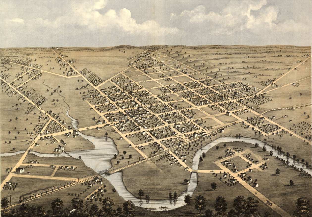 Vista aérea de Columbus, Columbia Co., Wisconsin, 1868. LOC 73694538 de A.; Chicago Lithographing Co. Ruger
