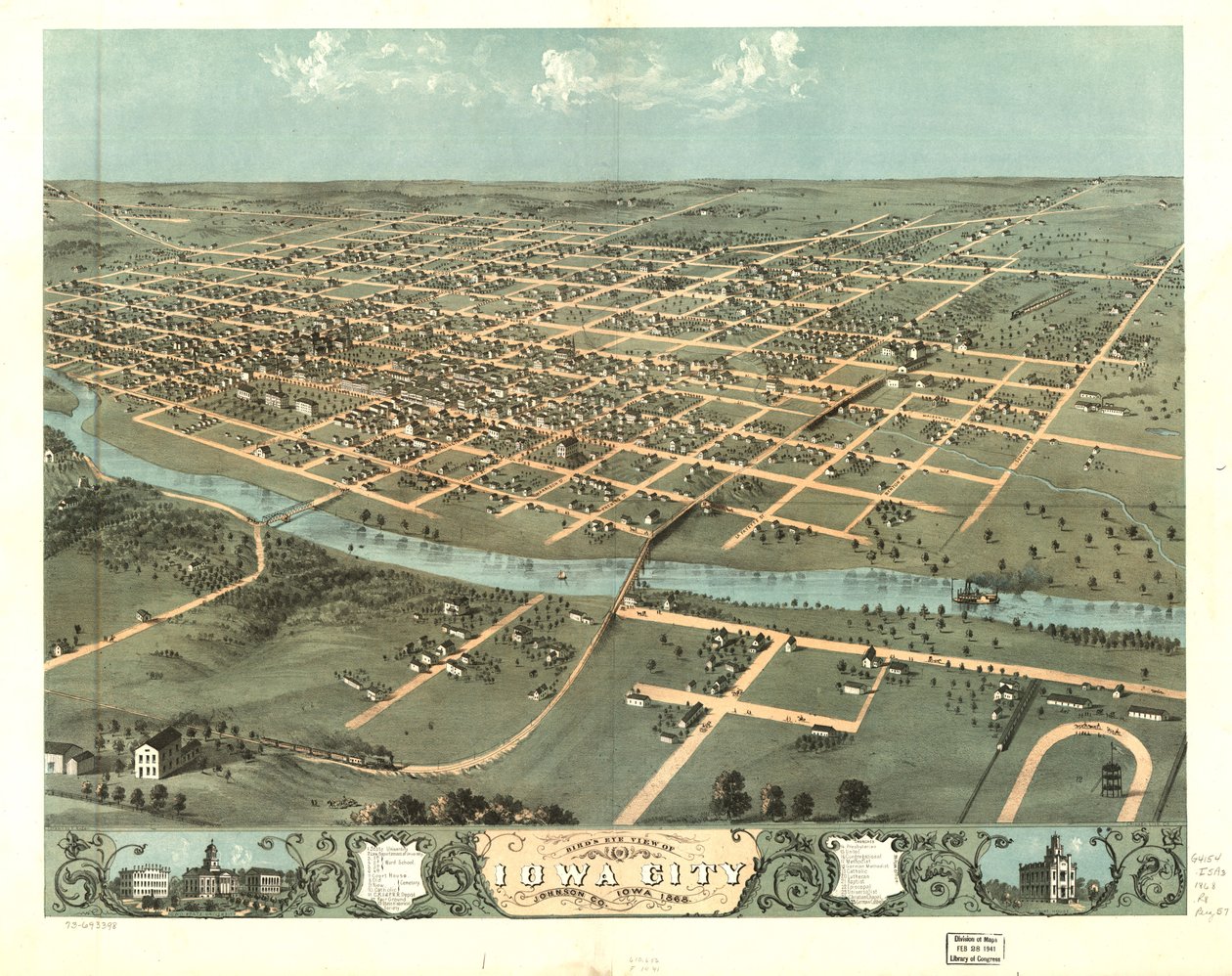 Vista aérea de Iowa City, Johnson Co., Iowa 1868. LOC 73693398 de A.; Chicago Lithographing Co. Ruger