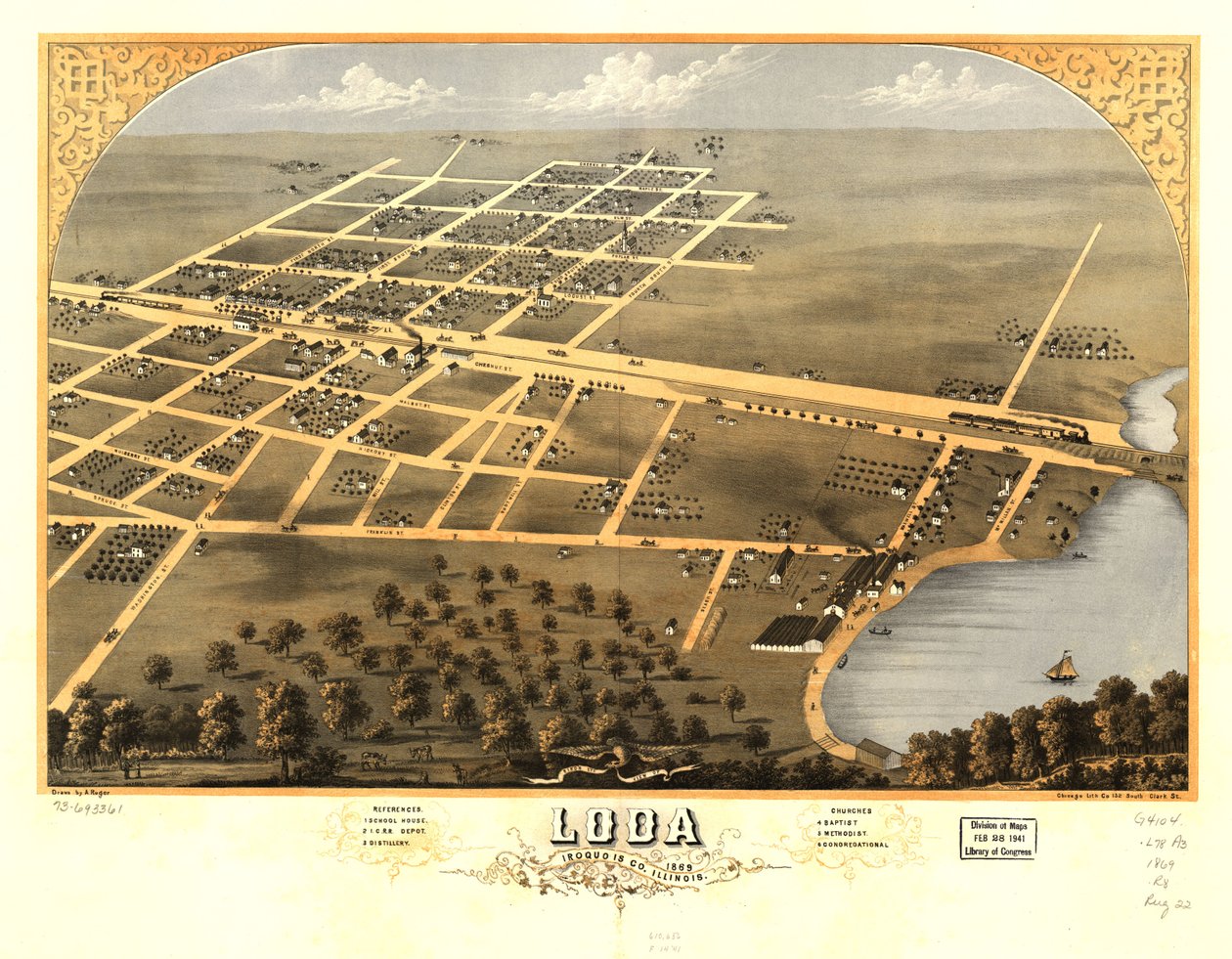 Vista aérea de Loda, Iroquois Co., Illinois, 1869. LOC 73693361 de A.; Chicago Lithographing Co. Ruger