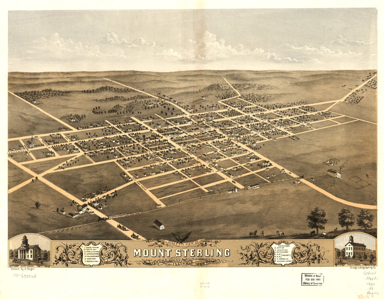 Vista aérea de Mount Sterling, Condado de Brown, Illinois, 1869. LOC 73693365 de A.; Chicago Lithographing Co. Ruger