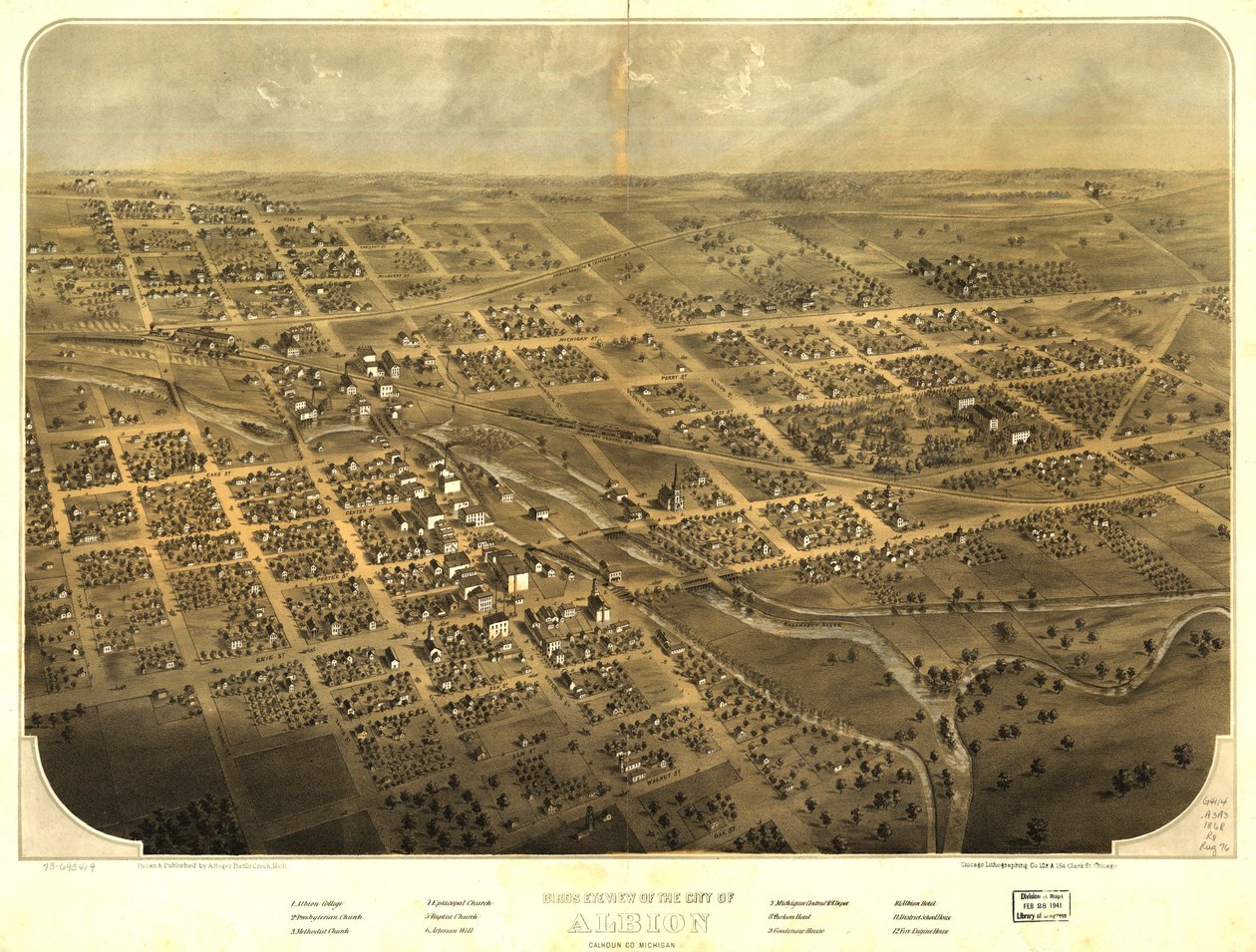 Vista aérea da cidade de Albion, Calhoun Co., Michigan. LOC 73693419 de A.; Chicago Lithographing Co. Ruger