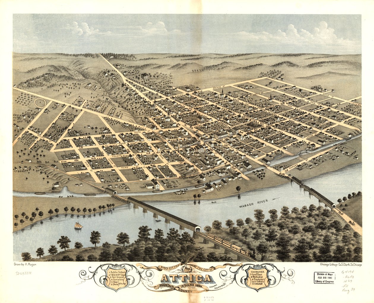 Vista aérea da cidade de Attica, Condado de Fountain, Indiana, 1869. LOC 73693378 de A.; Chicago Lithographing Co. Ruger