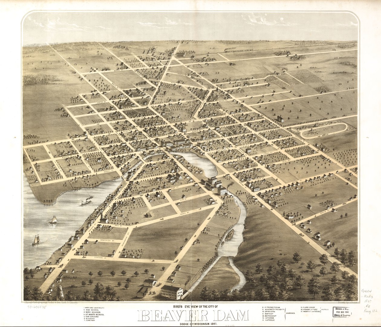 Vista aérea da cidade de Beaver Dam, Dodge Co., Wisconsin, 1867. LOC 73694535 de A.; Chicago Lithographing Co. Ruger