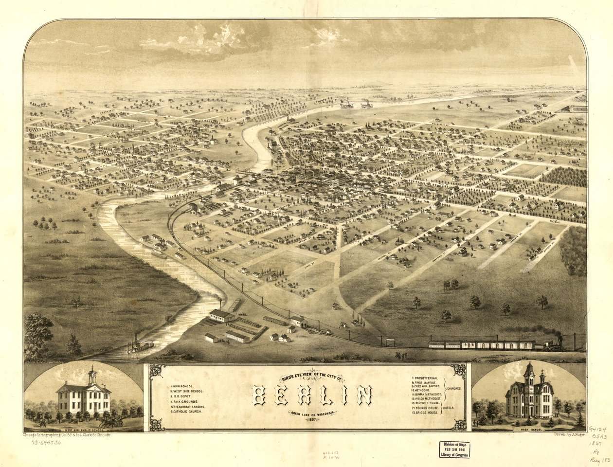Vista aérea da cidade de Berlim, Green Lake Co., Wisconsin, 1867. LOC 73694536 de A.; Chicago Lithographing Co. Ruger
