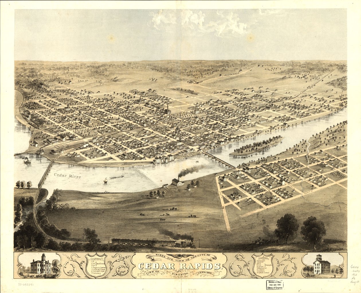 Vista aérea da cidade de Cedar Rapids e Kingston, Linn Co., Iowa 1868. LOC 73693391 de A.; Chicago Lithographing Co. Ruger