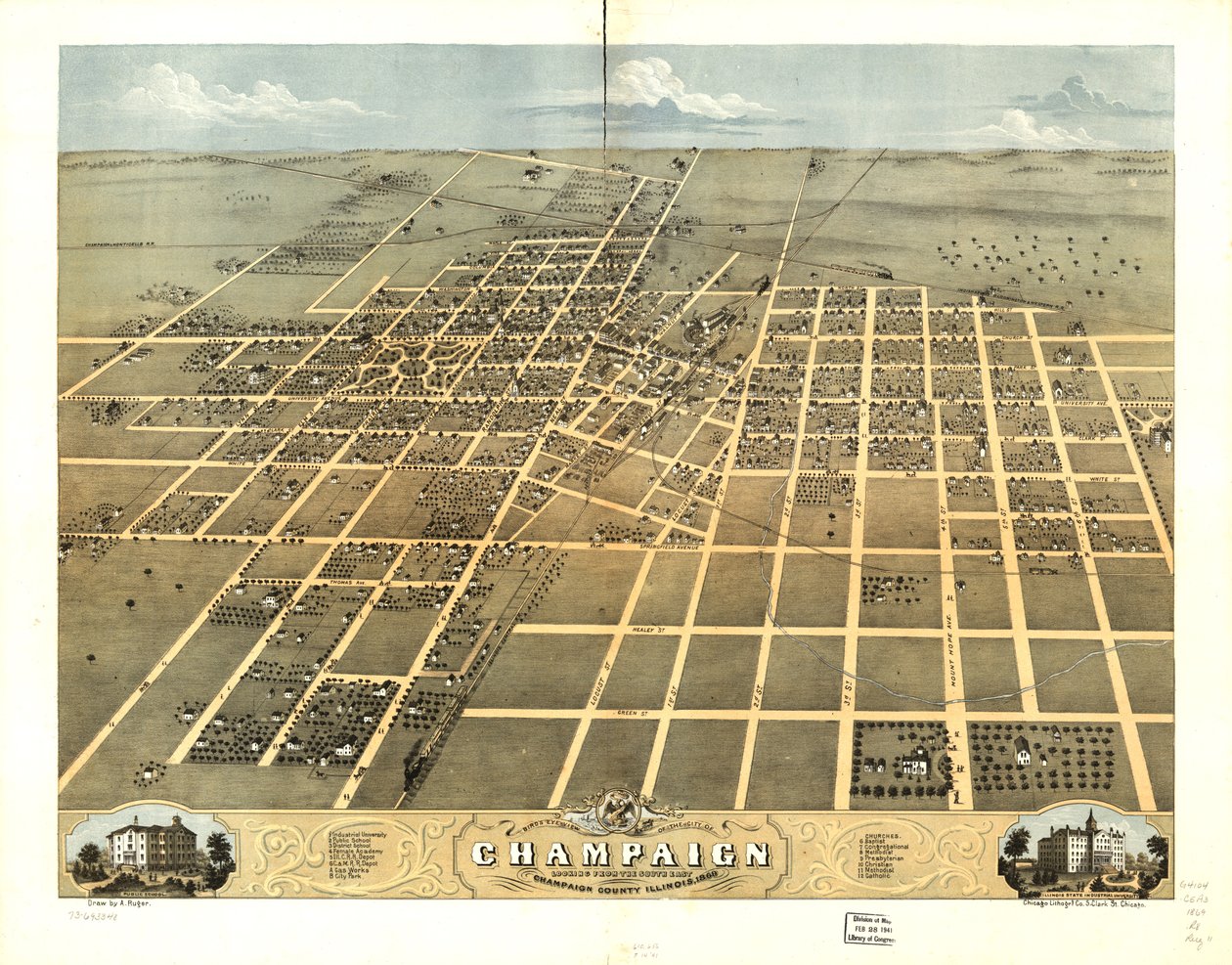 Vista aérea da cidade de Champaign, Condado de Champaign, Illinois, 1869. LOC 73693348 de A.; Chicago Lithographing Co. Ruger
