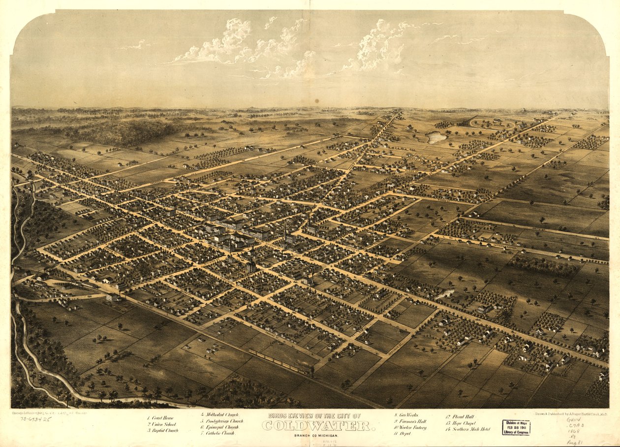 Vista aérea da cidade de Coldwater, Branch Co., Michigan. LOC 73693425 de A.; Chicago Lithographing Co. Ruger