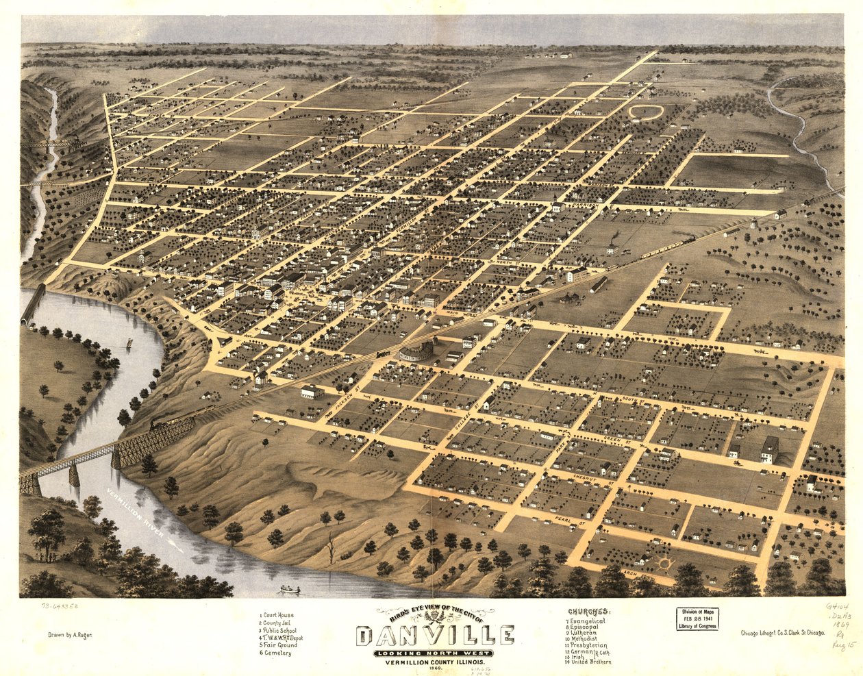 Vista aérea da cidade de Danville, condado de Vermillion, Illinois, 1869. LOC 73693353 de A.; Chicago Lithographing Co. Ruger