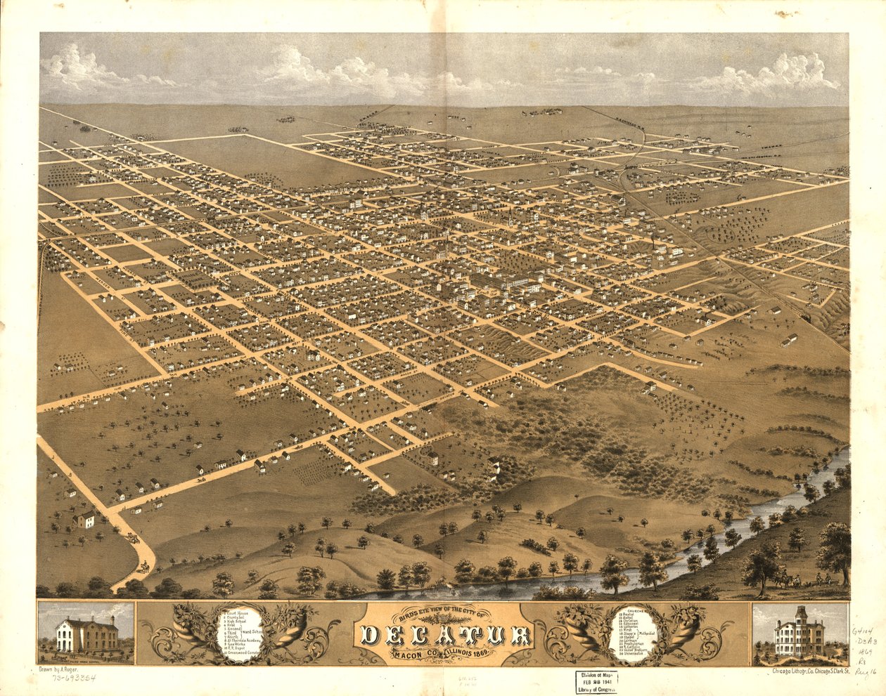 Vista aérea da cidade de Decatur, Macon Co., Illinois, 1869. LOC 73693354 de A.; Chicago Lithographing Co. Ruger