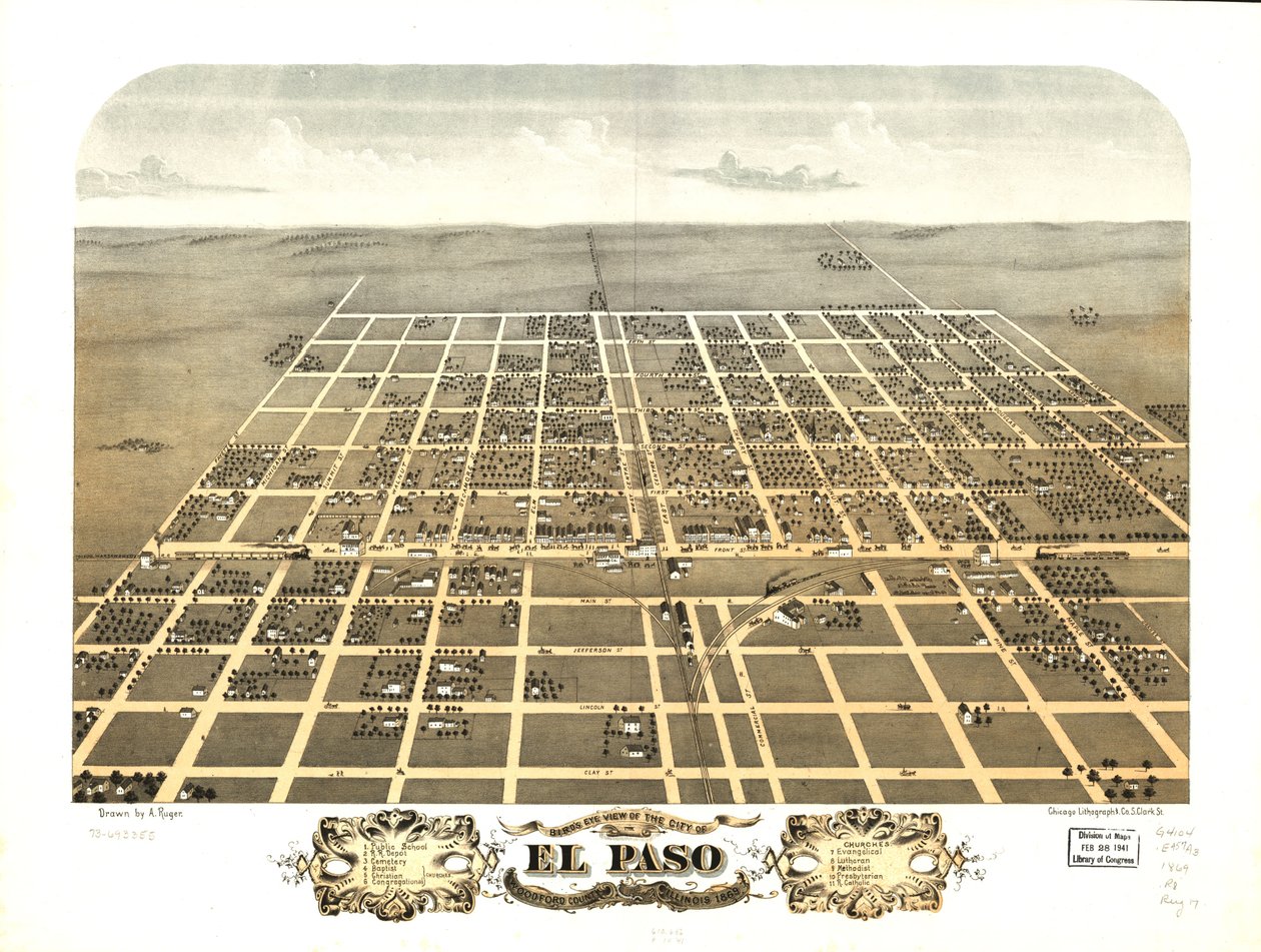 Vista aérea da cidade de El Paso, Condado de Woodford, Illinois, 1869. LOC 73693355 de A.; Chicago Lithographing Co. Ruger