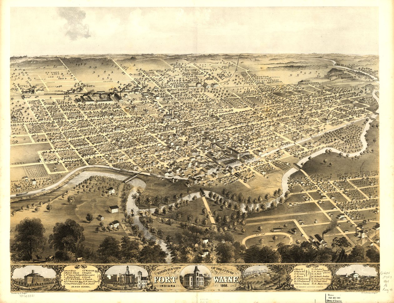Vista aérea da cidade de Fort Wayne, Indiana, 1868. LOC 73693381 de A.; Chicago Lithographing Co. Ruger