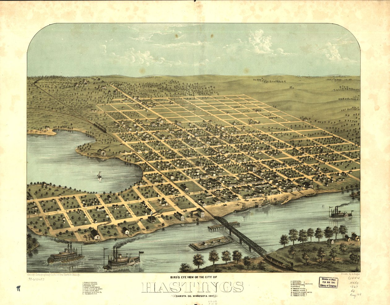 Vista aérea da cidade de Hastings, Dakota Co., Minnesota, 1867. LOC 73693453 de A.; Chicago Lithographing Co. Ruger