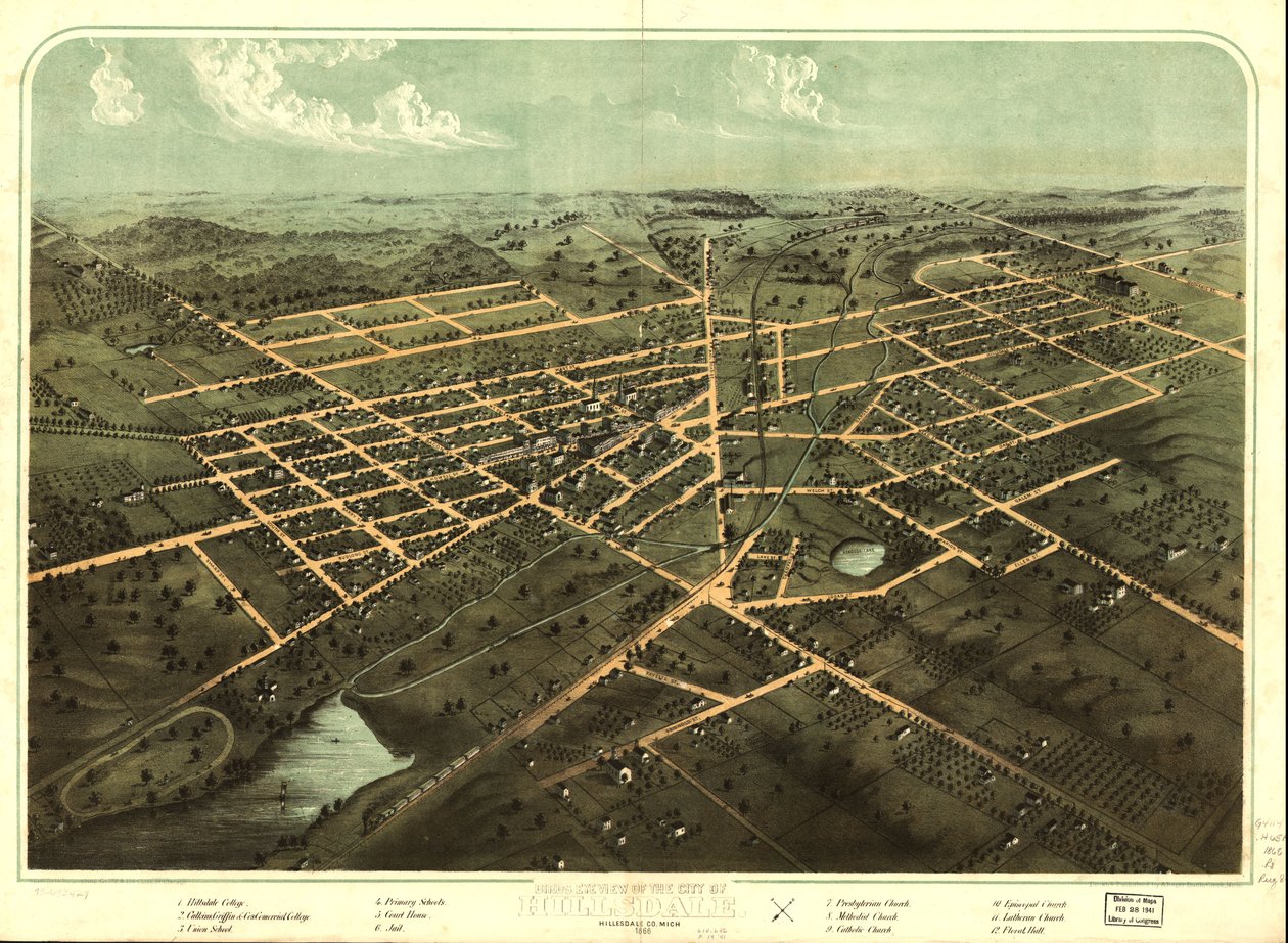 Vista aérea da cidade de Hillsdale, Hillsdale Co., Mich. 1866. LOC 73693429 de A.; Chicago Lithographing Co. Ruger