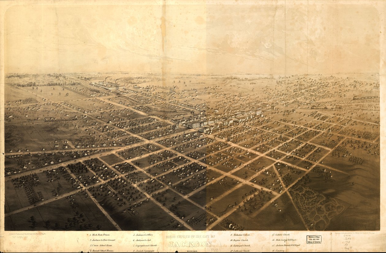 Vista aérea da cidade de Jackson, Michigan. LOC 73693433 de A.; Chicago Lithographing Co. Ruger