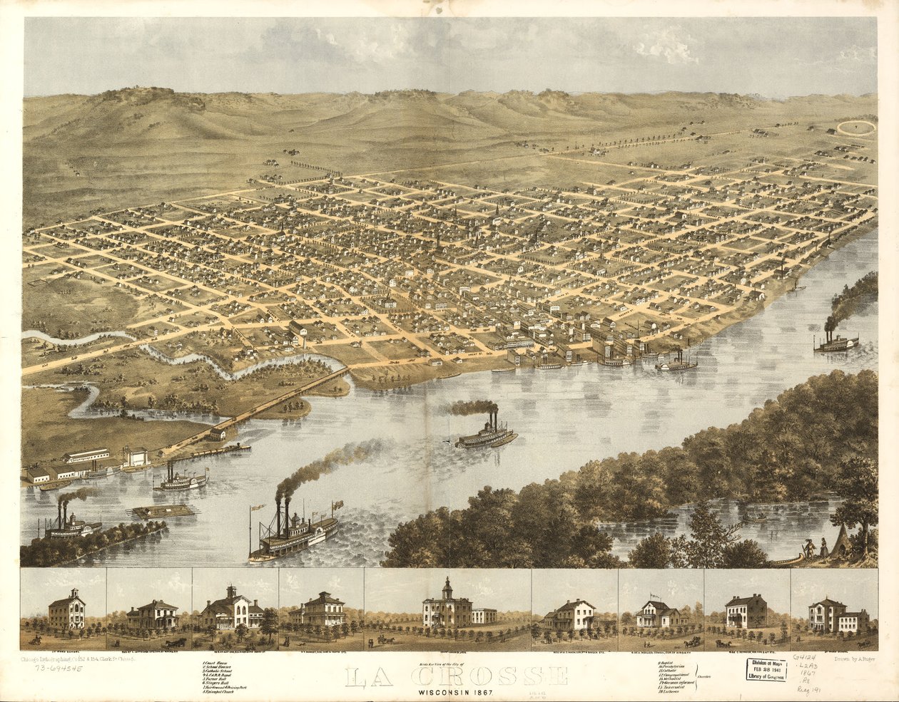 Vista aérea da cidade de La Crosse, Wisconsin, 1867. LOC 73694545 de A.; Chicago Lithographing Co. Ruger